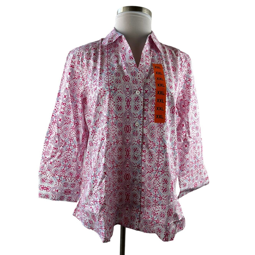 NWT Foxcroft NYC Pinpoint Non Iron Stretch Poplin Shirt Hibiscus Floral XXL - Picture 6 of 8